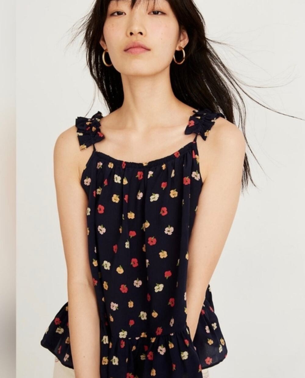 Madewell Silk Ruffle-Strap Navy Blue Camisole Peplum Top Floral Confetti Size 6
